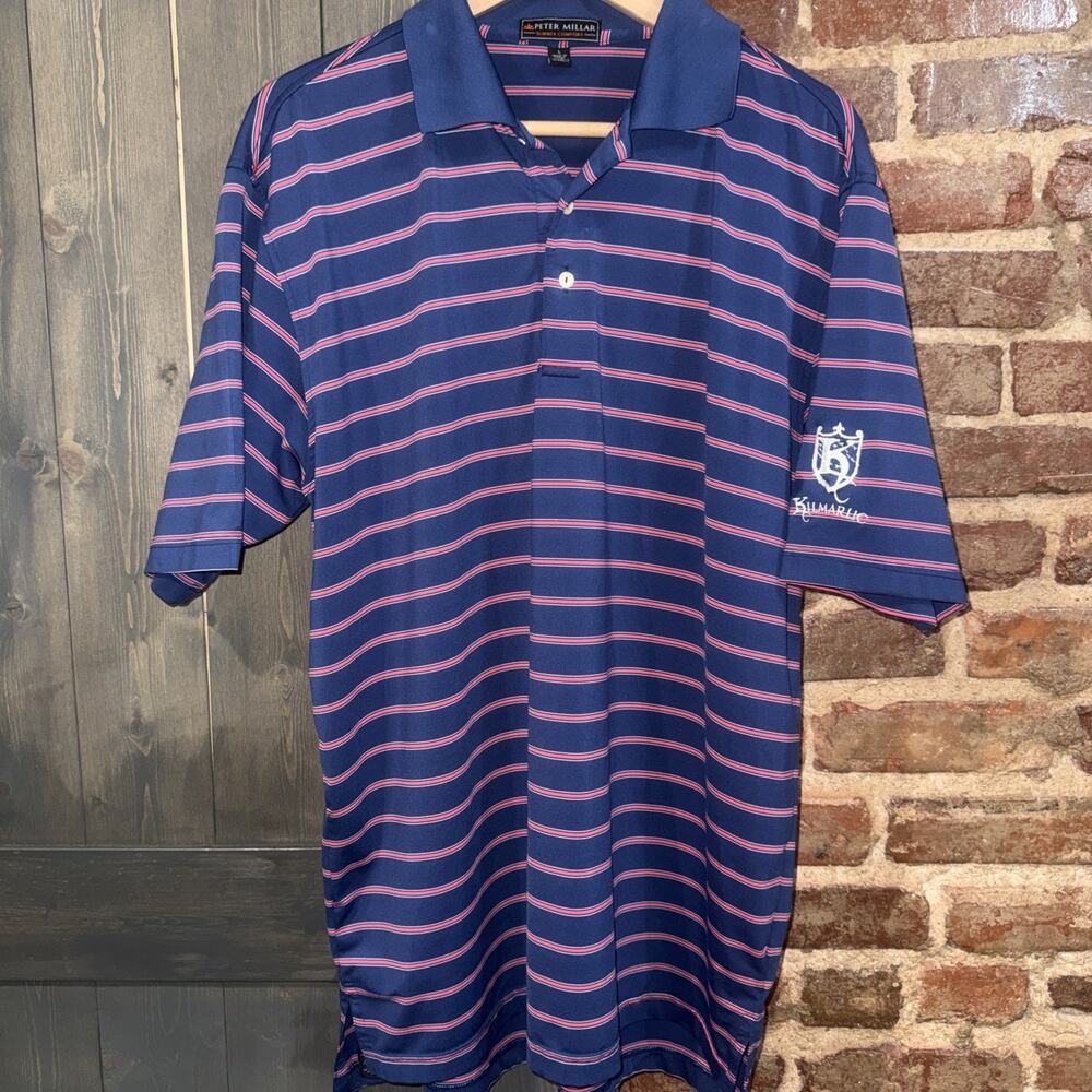 Peter Millar Summer Comfort Blue Pink Striped Golf Polo Sz L Kilmarlic Golf Club